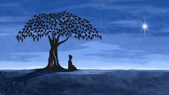 buddha under tree with moon